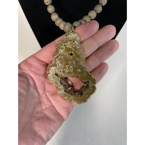 Pyrite Fools Gold Long Large Necklace Open Slice Pyrite Beads Statement Piece - Picture 3 of 10